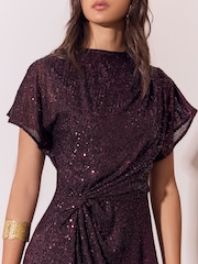 Lipsy Plum Sequin Knot Waist Side Split Fit And Flare Midi Dress - Image 5 of 5