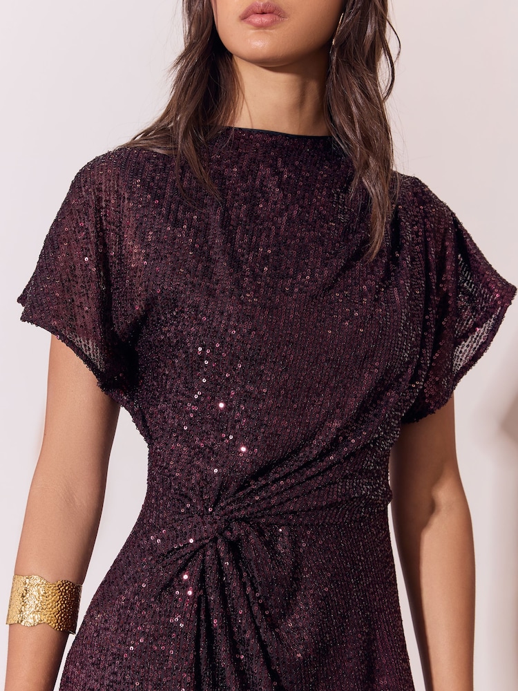 Lipsy Plum Sequin Knot Waist Side Split Fit And Flare Midi Dress - Image 5 of 5