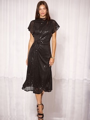 Lipsy Black Sequin Knot Waist Side Split Fit And Flare Midi Dress - Image 1 of 6