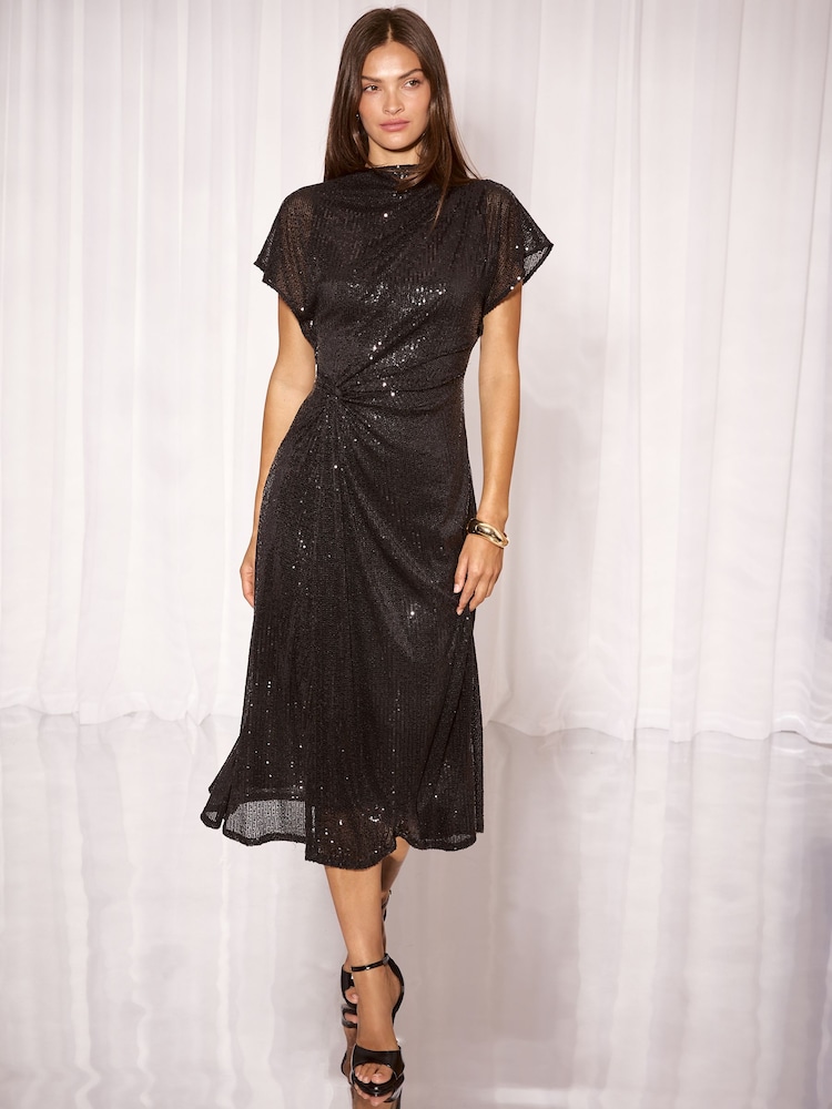 Lipsy Black Sequin Knot Waist Side Split Fit And Flare Midi Dress - Image 1 of 6
