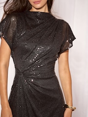 Lipsy Black Sequin Knot Waist Side Split Fit And Flare Midi Dress - Image 2 of 6