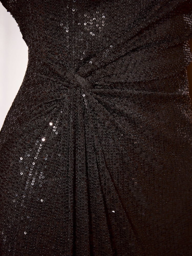 Lipsy Black Sequin Knot Waist Side Split Fit And Flare Midi Dress - Image 6 of 6