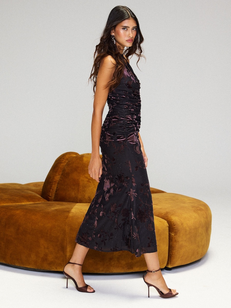 Lipsy Plum Floral Print High Neck Cut Out Diamante Midi Dress - Image 2 of 6 Lipsy Plum Floral Print High Neck Cut Out Diamante Midi Dress - Image 2 of 6