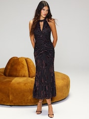 Lipsy Plum Floral Print High Neck Cut Out Diamante Midi Dress - Image 4 of 6