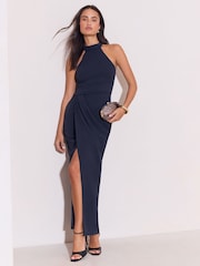 Lipsy Navy Halter Neck Gathered Waist Maxi Dress - Image 4 of 5