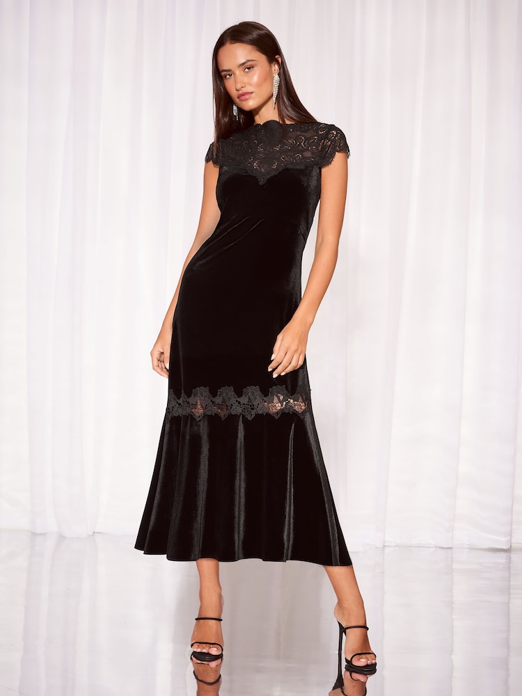 Lipsy Black Petite Velvet Lace Hybrid High Neck Fit And Flare Midi Dress - Image 1 of 6