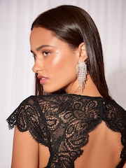 Lipsy Black Petite Velvet Lace Hybrid High Neck Fit And Flare Midi Dress - Image 3 of 6