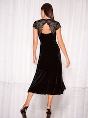 Lipsy Black Petite Velvet Lace Hybrid High Neck Fit And Flare Midi Dress - Image 5 of 6