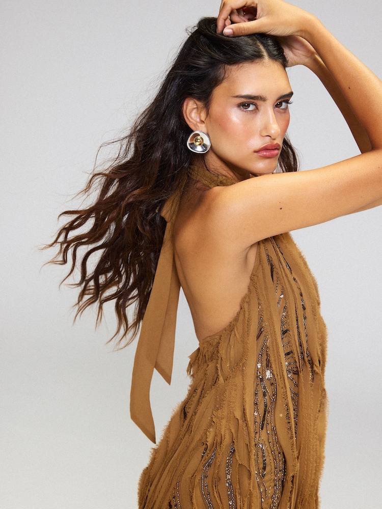 Lipsy Premium Ruffle Embellished Halter Tie Back Mini Dress - صورة 6 من 6