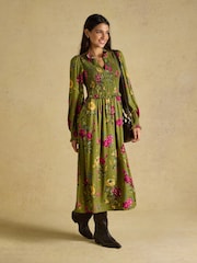 Joules Emilie Green Floral Smocked Midi Dress - Image 1 of 8