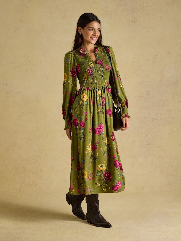 Joules Emilie Green Floral Smocked Midi Dress - Image 1 of 8 Joules Emilie Green Floral Smocked Midi Dress - Image 1 of 8
