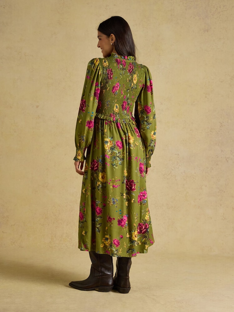 Joules Emilie Green Floral Smocked Midi Dress - Image 2 of 8 Joules Emilie Green Floral Smocked Midi Dress - Image 2 of 8