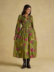Joules Emilie Green Floral Smocked Midi Dress - Image 5 of 8