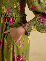 Joules Emilie Green Floral Smocked Midi Dress - Image 7 of 8