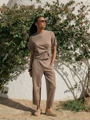 Threadbare Brown Relaxed Fit Knot Detail Top & Barrel Leg Trousers Set - Image 1 of 4