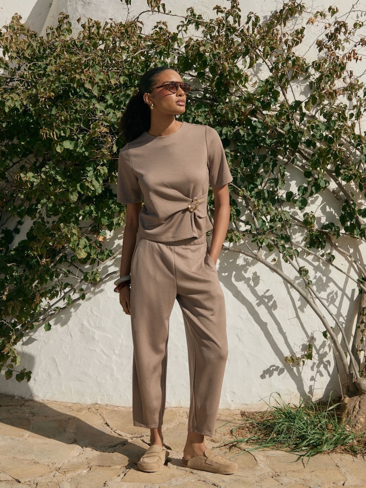 Threadbare Brown Relaxed Fit Knot Detail Top & Barrel Leg Trousers Set - Image 1 of 4 Threadbare Brown Relaxed Fit Knot Detail Top & Barrel Leg Trousers Set - Image 1 of 4
