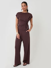 Threadbare Chocolate Brown Relaxed Fit Tie Top & Wide Leg Trousers Set - Image 1 of 4