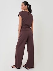 Threadbare Chocolate Brown Relaxed Fit Tie Top & Wide Leg Trousers Set - Image 2 of 4