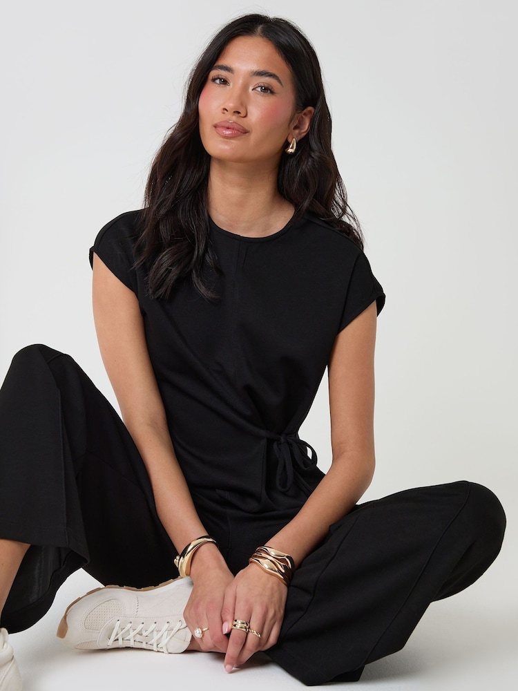 Threadbare Black Relaxed Fit Tie Top & Wide Leg Trousers Set - Image 4 of 4