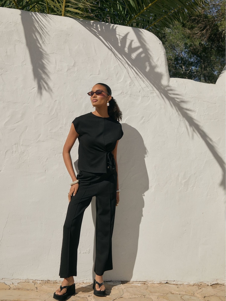 Threadbare Black Relaxed Fit Tie Top & Wide Leg Trousers Set - Image 5 of 5