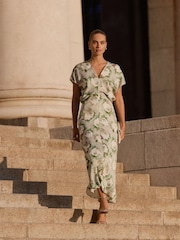 Jigsaw Green Sketch Rose Satin Midi Dress - Image 1 of 3