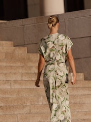 Jigsaw Green Sketch Rose Satin Midi Dress - Image 2 of 3