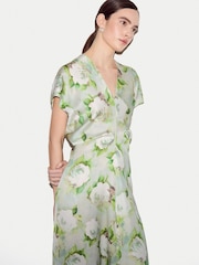 Jigsaw Green Sketch Rose Satin Midi Dress - Image 5 of 8