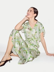 Jigsaw Green Sketch Rose Satin Midi Dress - Image 8 of 8