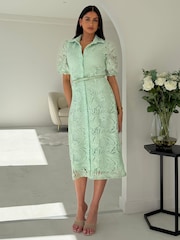 Girl In Mind Green Bracken Crochet Collar Shirt Dress - Image 1 of 6
