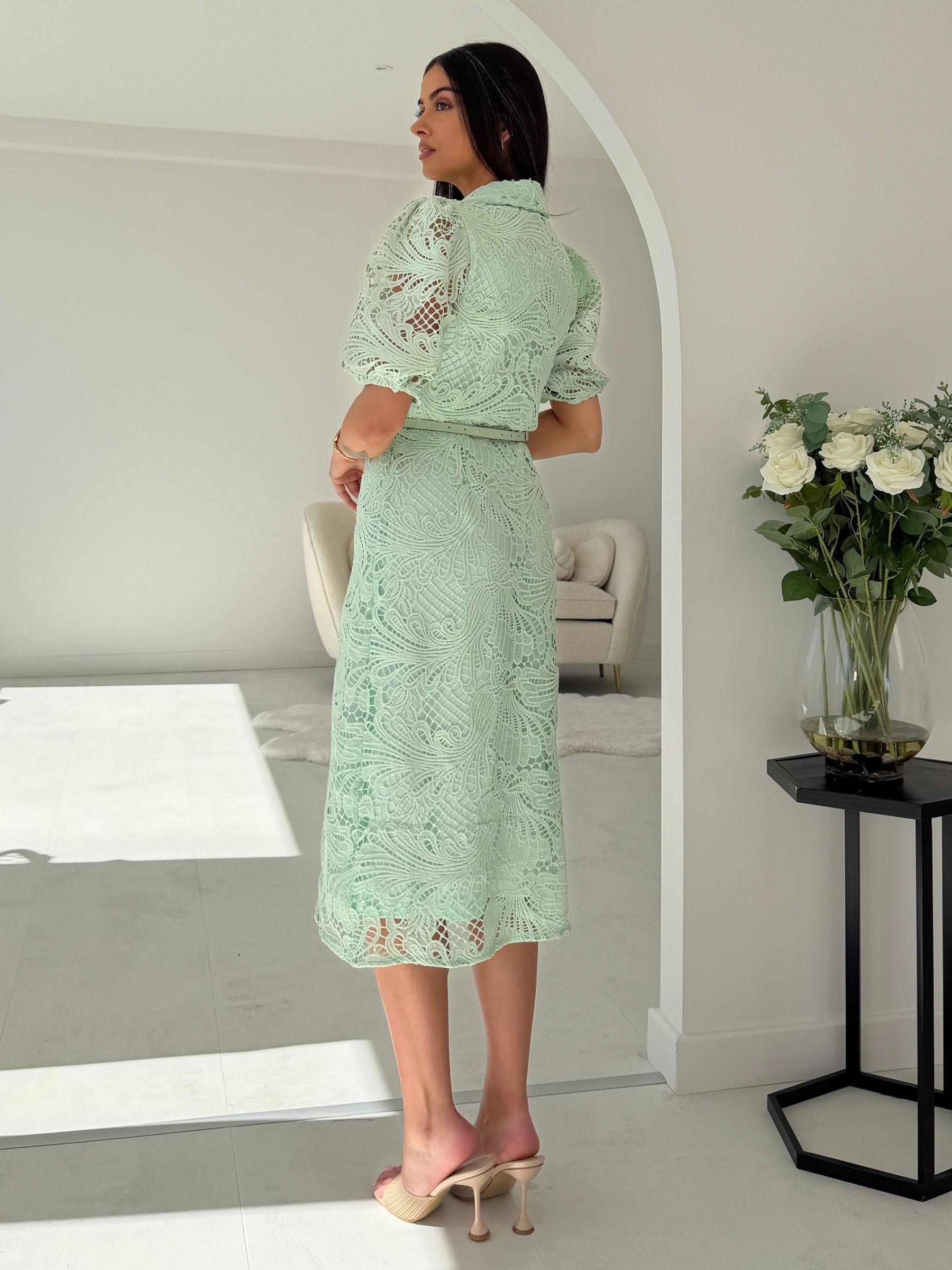 Buy Girl In Mind Green Bracken Crochet Collar Shirt Dress from