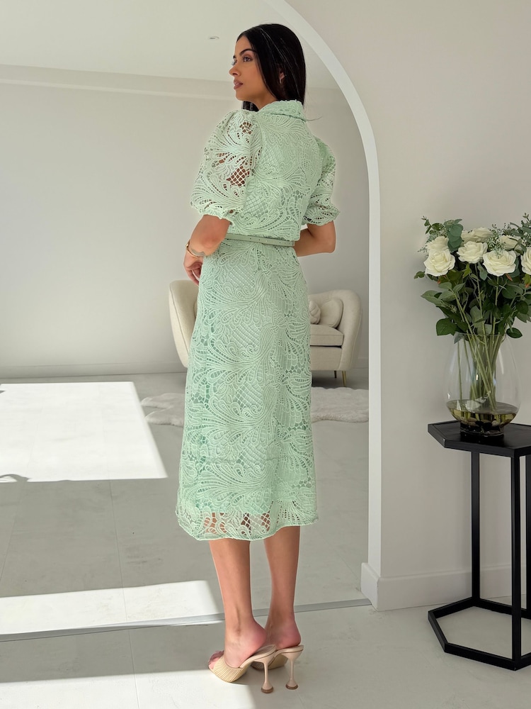 Girl In Mind Green Bracken Crochet Collar Shirt Dress - Image 2 of 6 Girl In Mind Green Bracken Crochet Collar Shirt Dress - Image 2 of 6