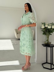 Girl In Mind Green Bracken Crochet Collar Shirt Dress - Image 3 of 6