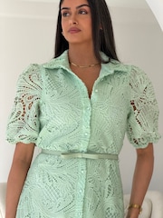 Girl In Mind Green Bracken Crochet Collar Shirt Dress - Image 4 of 6