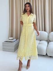 Girl In Mind Yellow Tansy Short Sleeve Lace Shirt Dress - Image 1 of 6