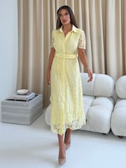 Girl In Mind Yellow Tansy Short Sleeve Lace Shirt Dress - Image 3 of 6