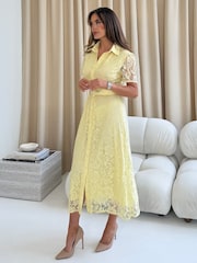 Girl In Mind Yellow Tansy Short Sleeve Lace Shirt Dress - Image 4 of 6