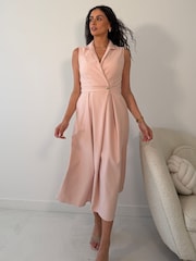 Girl In Mind Pink Cameron Collared Tailored Gold Button Shirt Dress - Image 1 of 5