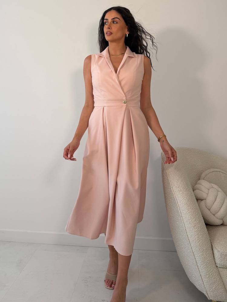 Girl In Mind Pink Cameron Collared Tailored Gold Button Shirt Dress - Image 1 of 5