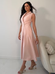 Girl In Mind Pink Cameron Collared Tailored Gold Button Shirt Dress - Image 3 of 5