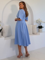 Girl In Mind Blue Laura V-Neck Short Sleeve Flowy  Midi Dress - Image 4 of 6