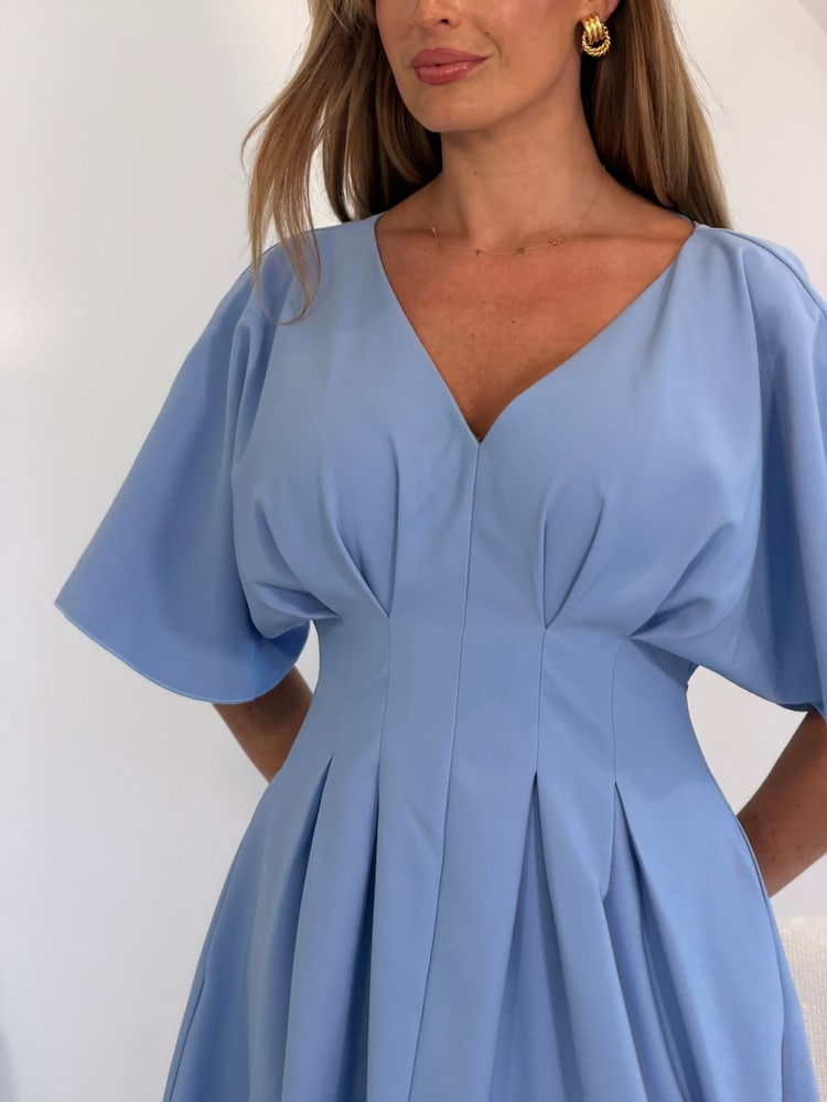 Girl In Mind Blue Laura V-Neck Short Sleeve Flowy Midi Dress - Image 6 of 6 Girl In Mind Blue Laura V-Neck Short Sleeve Flowy Midi Dress - Image 6 of 6