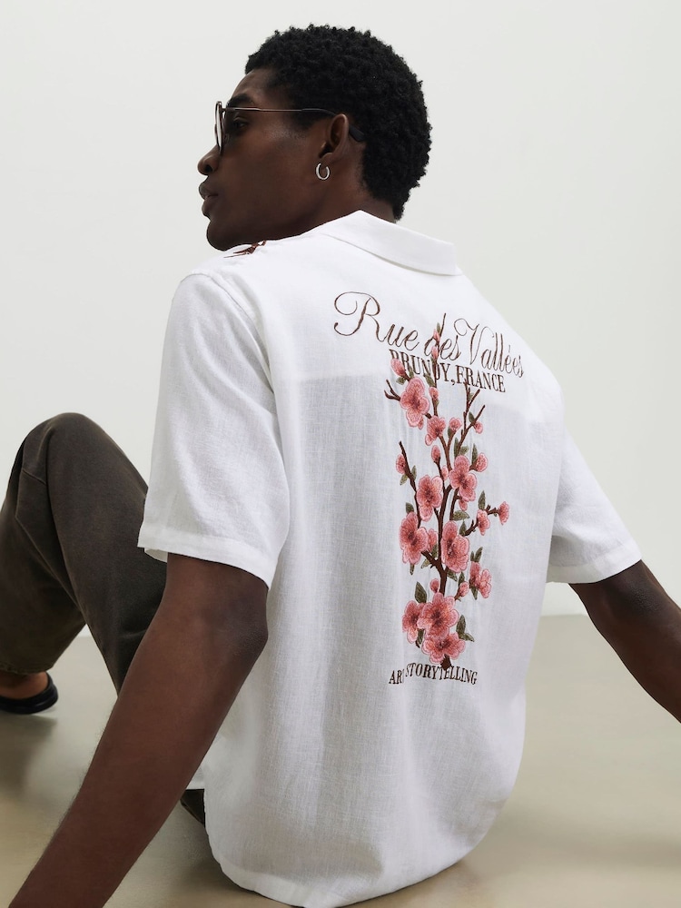 River Island White Regular Fit Blossom Linen Revere Shirt - Image 4 of 4 River Island White Regular Fit Blossom Linen Revere Shirt - Image 4 of 4