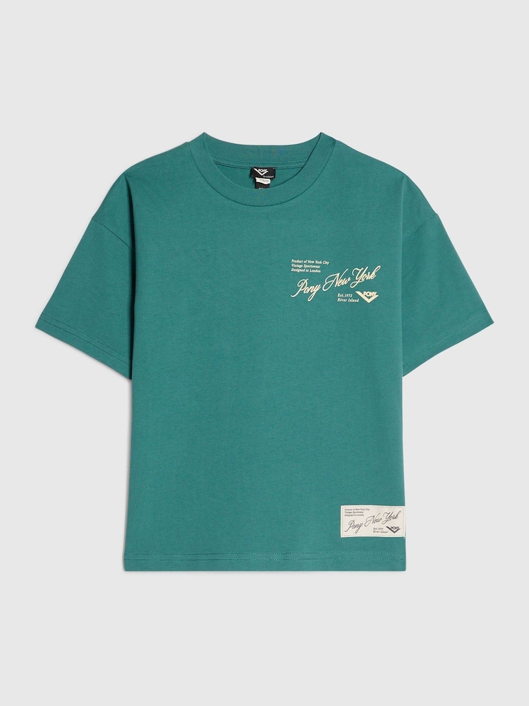 River Island Green Oversized Pony Scripty T-Shirt - Image 1 of 4