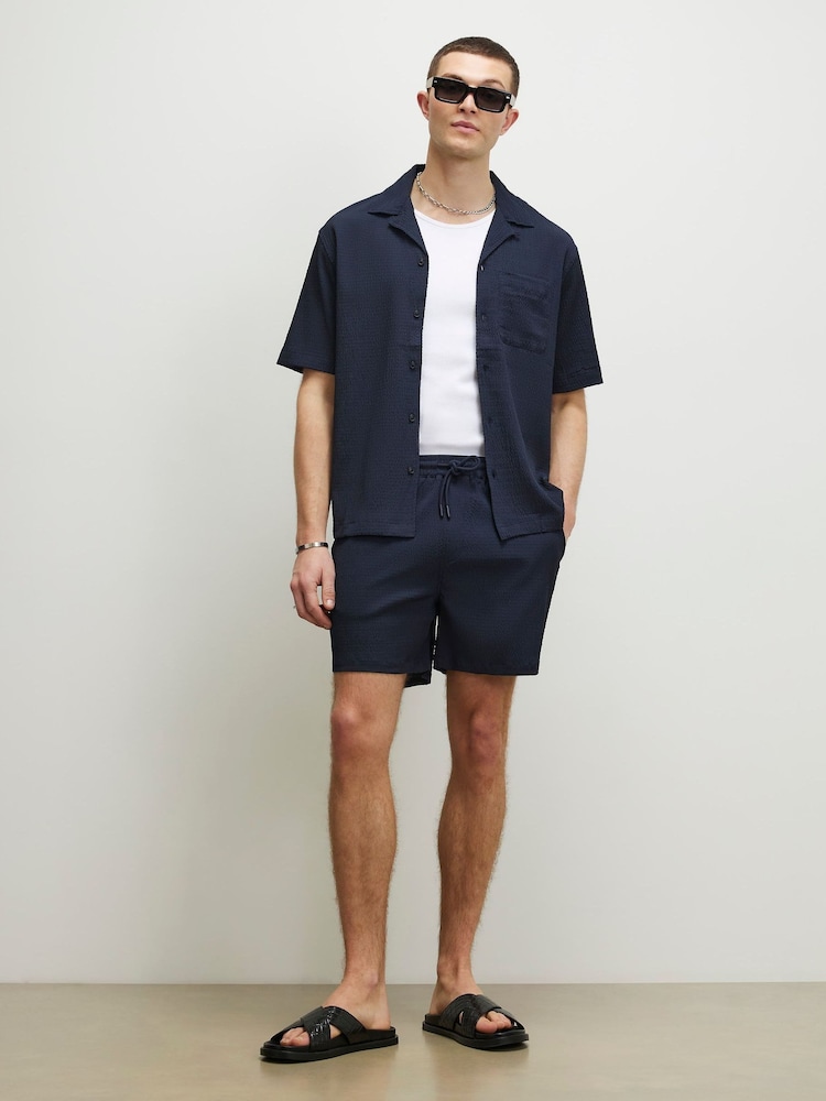 River Island Blue Regular Fit Seersucker Pull On Shorts - Image 1 of 4