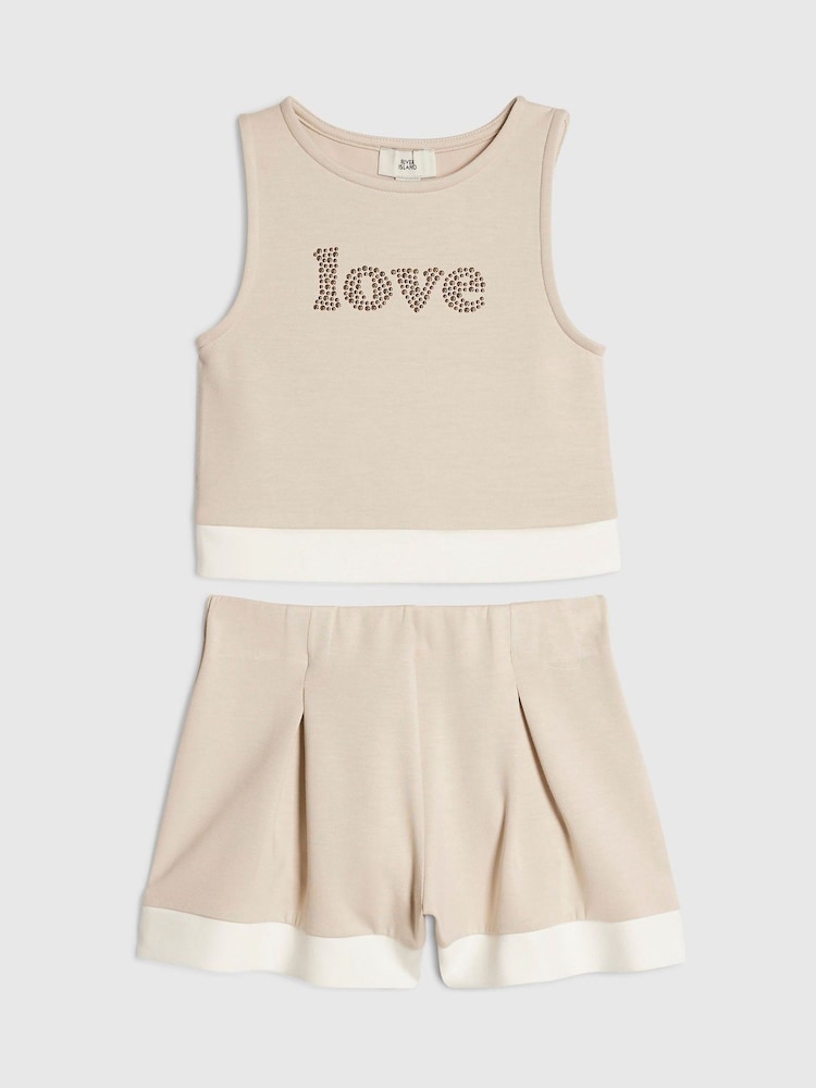 River Island Cream Premium Clean Contrast Tank Top & Shorts Set - Image 1 of 4