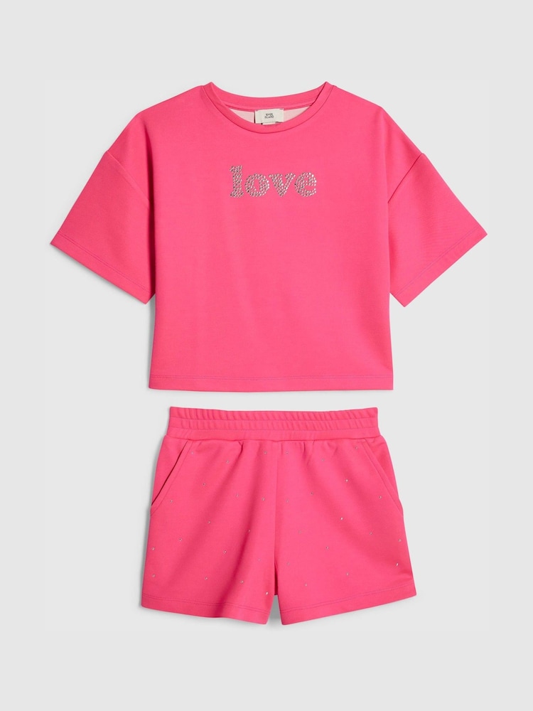 River Island Pink Premium Clean Neon T-Shirt & Shorts Set - Image 1 of 4