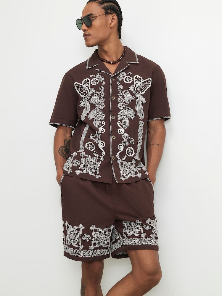 River Island Brown Del Maar Embroidery Revere Shirt - Image 1 of 4