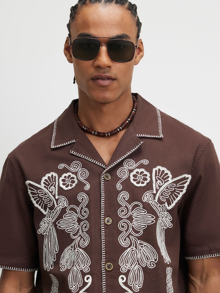 River Island Brown Del Maar Embroidery Revere Shirt - Image 4 of 4
