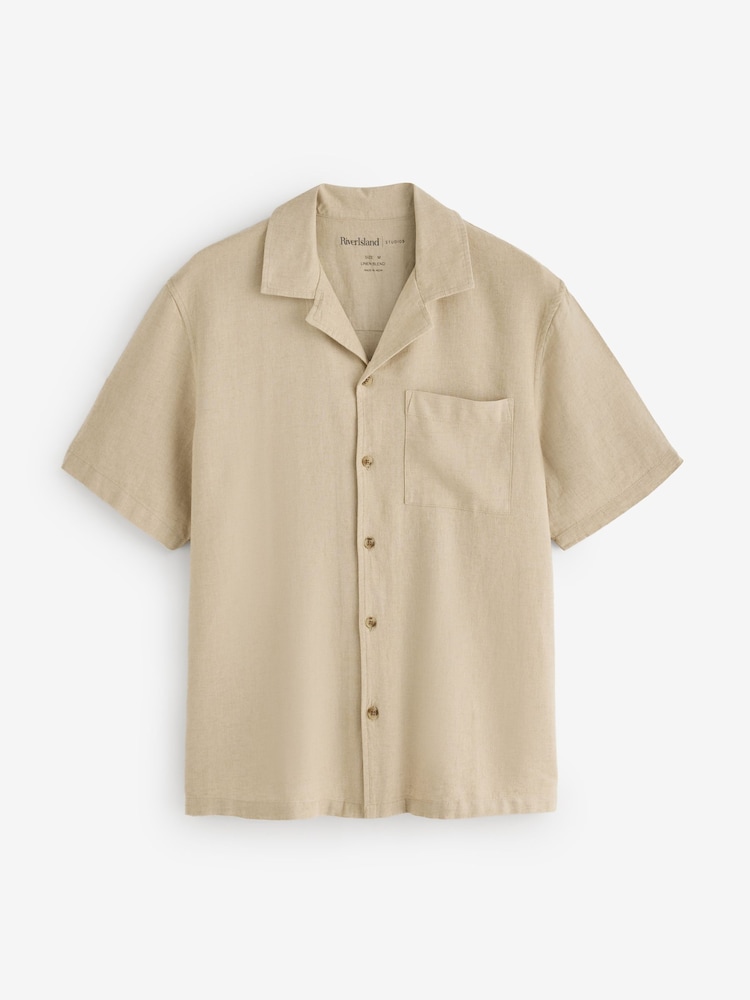 River Island Natural Regular Fit Linen Blend Revere Shirt - Image 1 of 1 River Island Natural Regular Fit Linen Blend Revere Shirt - Image 1 of 1