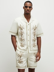 River Island Cream Regular Fit Palm Embroidery Revere Shirt - Image 1 of 4